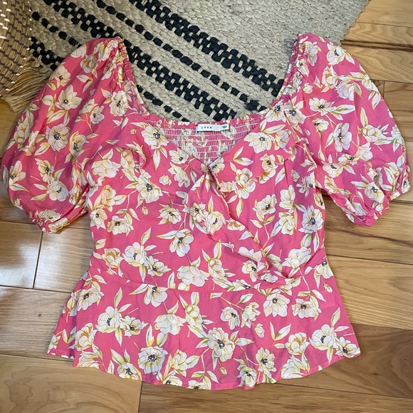 Lush Pink and Yellow Floral Cold Shoulders Blouse Sz Large - Picture 3 of 7